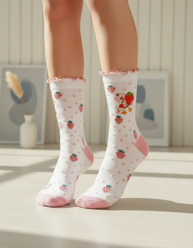 Medias Strawberry Shortcake 3/4 Con Ribete Frutillitas Blanco Rosa Frutillitas 36-39 - Image 3