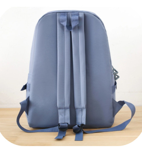 Set De Mochila Bolsa Tote Cartuchera Cartera Coreano Kawaii Celeste Cuadrillé - Imagen 5