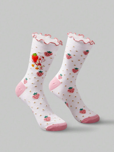 Medias Strawberry Shortcake 3/4 Con Ribete Frutillitas Blanco Rosa Frutillitas 36-39