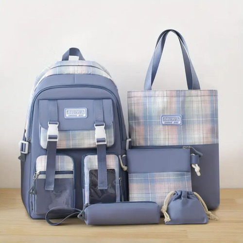 Set De Mochila Bolsa Tote Cartuchera Cartera Coreano Kawaii Celeste Cuadrillé