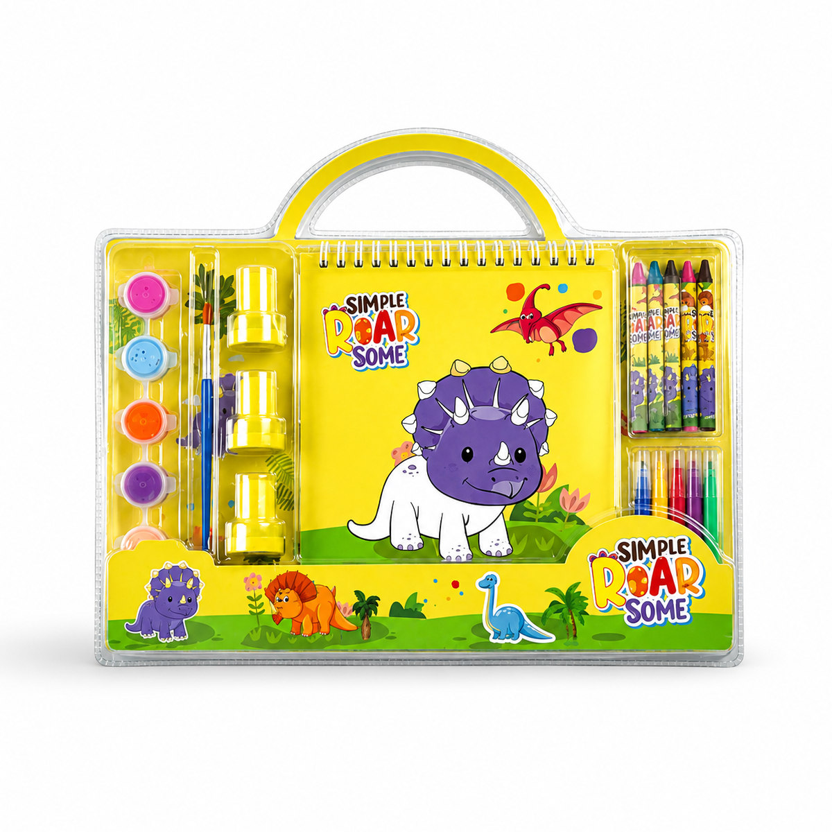 valija de arte dinosaurios roar libro sellitos crayones marcadores pintura